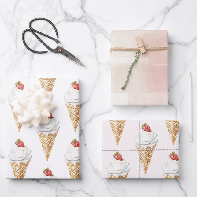 Ice Cream Cone Strawberry Birthday  Wrapping Paper Sheets (Front)