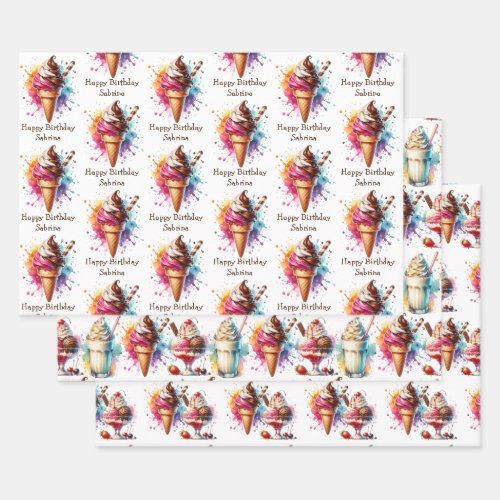 Ice Cream Cone Sundae and Milkshake Birthday Wrapping Paper Sheets