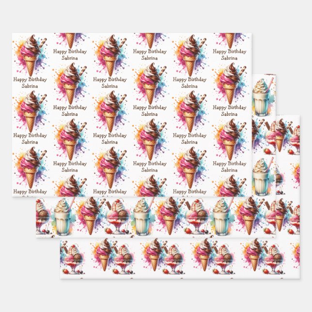 Ice Cream Cone, Sundae and Milkshake Birthday Wrapping Paper Sheets (Set)