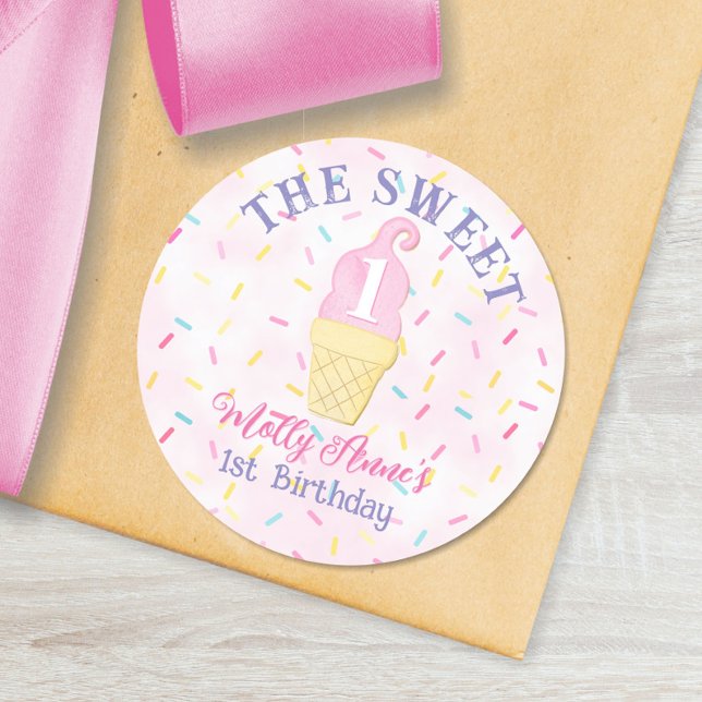 Ice Cream Cone Sweet ONE 1st Birthday Girl Classic Round Sticker (Creator Uploaded)