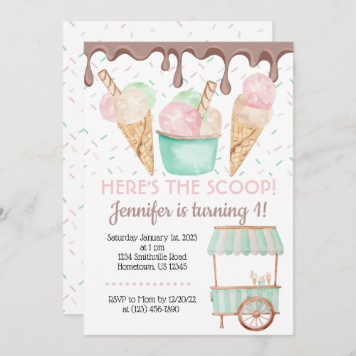 Ice Cream Cone Truck Watercolor Birthday Invitation