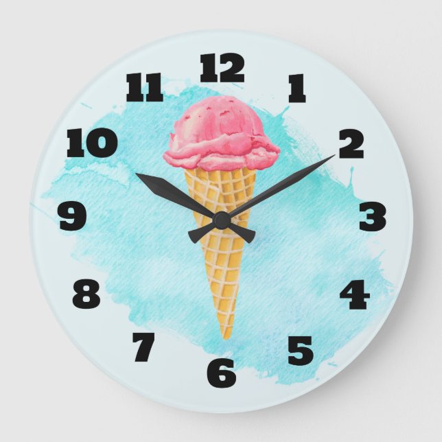 Ice Cream Cone With A Blue Paint Splatter Large Clock (Front)