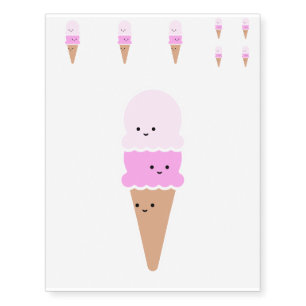 Ice Cream Cone with Cute Faces - Kawaii Pink Temporary Tattoos