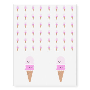 Ice Cream Cone with Cute Faces - Kawaii Pink Temporary Tattoos