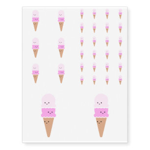 Ice Cream Cone with Cute Faces - Kawaii Pink Temporary Tattoos