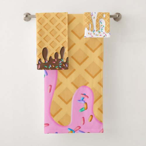 Ice Cream Cone With Dripping Frosting  Sprinkles Bath Towel Set