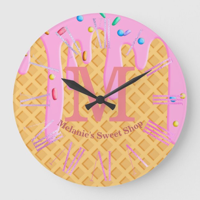 Ice Cream Cone With Pink Frosting & Sprinkles Large Clock (Front)