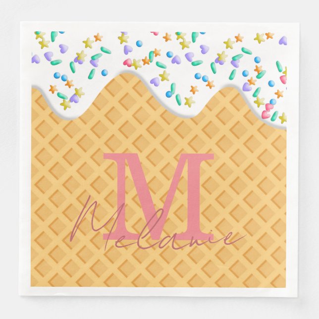 Ice Cream Cone With Vanilla Frosting & Sprinkles Paper Dinner Napkins (Front)