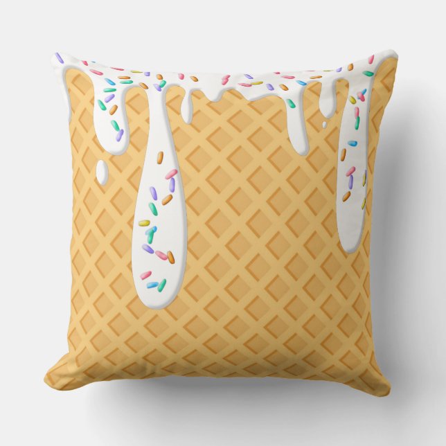 Ice Cream Cone With Vanilla Frosting & Sprinkles Throw Pillow (Front)
