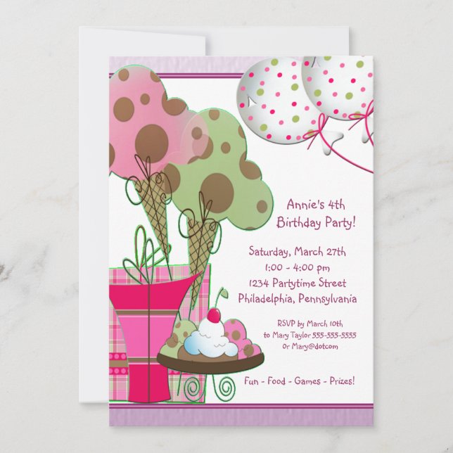 Ice Cream Cones Balloons Girls 4th Birthday Invitation (Front)