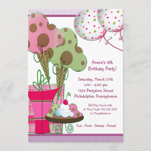 Ice Cream Cones Balloons Girls 4th Birthday Invitation