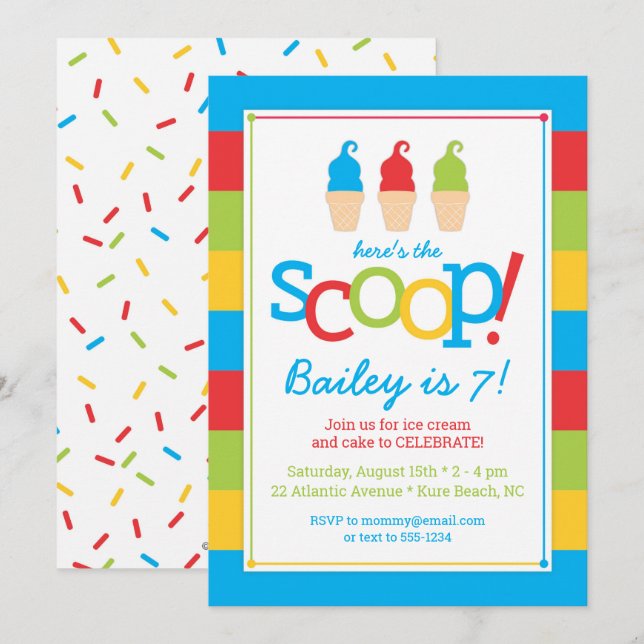 Ice Cream Cones Colorful Birthday Party Invitation (Front/Back)