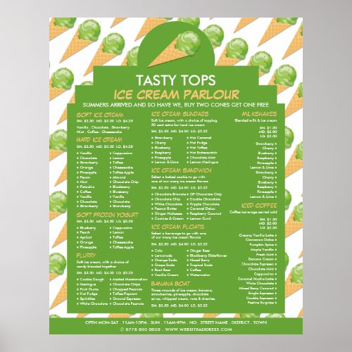 Ice Cream Cones Ice Cream Parlour Menu Poster