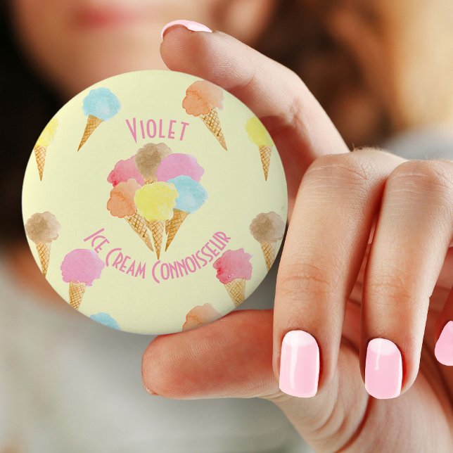 Ice Cream Connoisseur Pastel Personalized Button (Pin Button Badge for ice cream connoisseur)