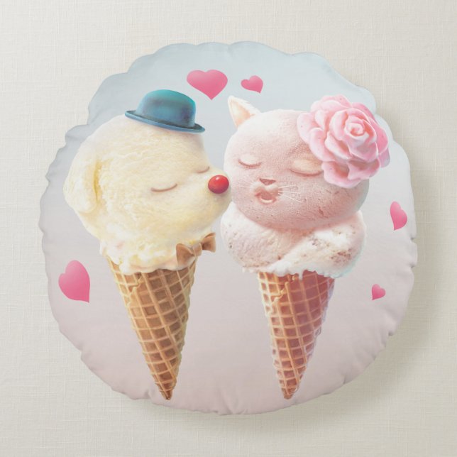 Ice Cream Couple – Love at First Lick Round Pillow (Front)