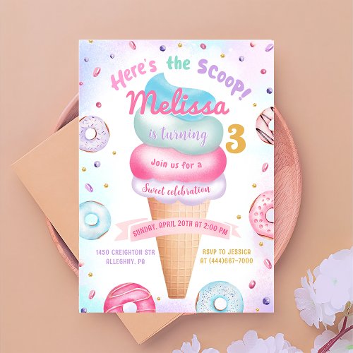  Ice Cream Donut Heres the Scoop Birthday Invitation