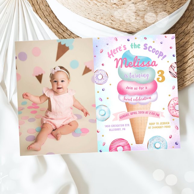  Ice Cream Donut Here's the Scoop Birthday Photo Invitation (Creator Uploaded)