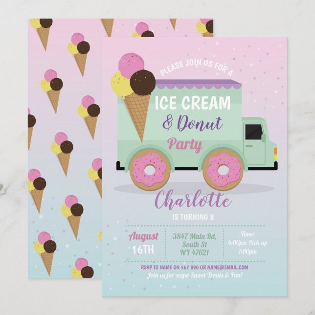 Ice Cream Donut Party Birthday Girls Doughnuts Invitation (Front/Back)