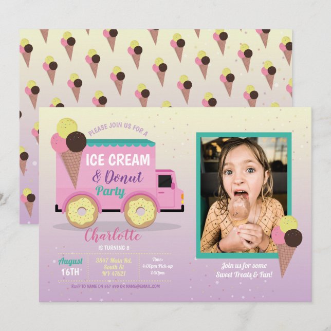 Ice Cream Donut Party Birthday Photo Doughnuts Invitation (Front/Back)