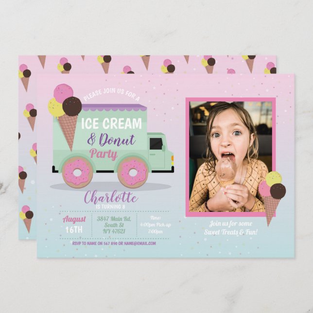 Ice Cream Donut Party Birthday Photo Doughnuts Invitation (Front/Back)