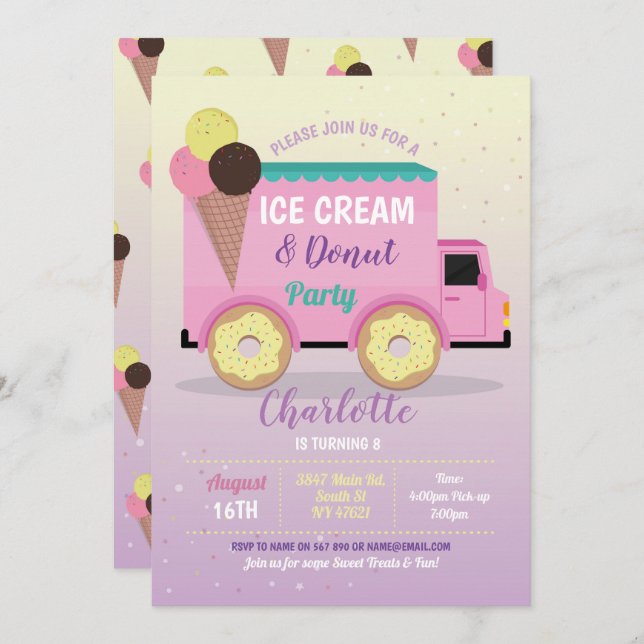 Ice Cream Donut Party Birthday Pink Doughnuts Invitation (Front/Back)
