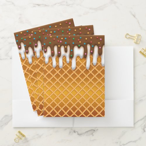 Ice Cream Drip Waffle Cone Chocolate And Vanilla Pocket Folder