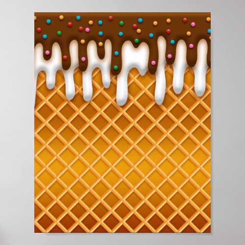 Ice Cream Drip Waffle Cone Chocolate And Vanilla  Poster