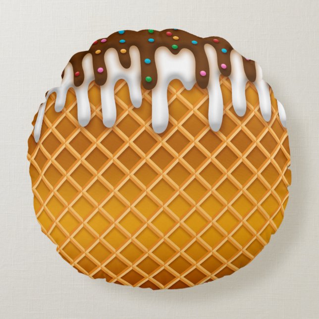 Ice Cream Drip Waffle Cone Chocolate And Vanilla  Round Pillow (Front)
