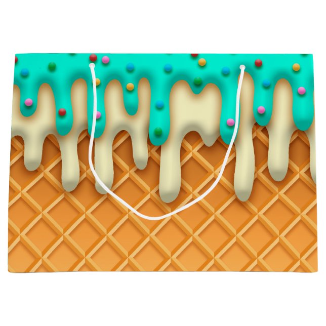 Ice Cream Drip Waffle Cone Mint With Sprinkles Large Gift Bag (Front)