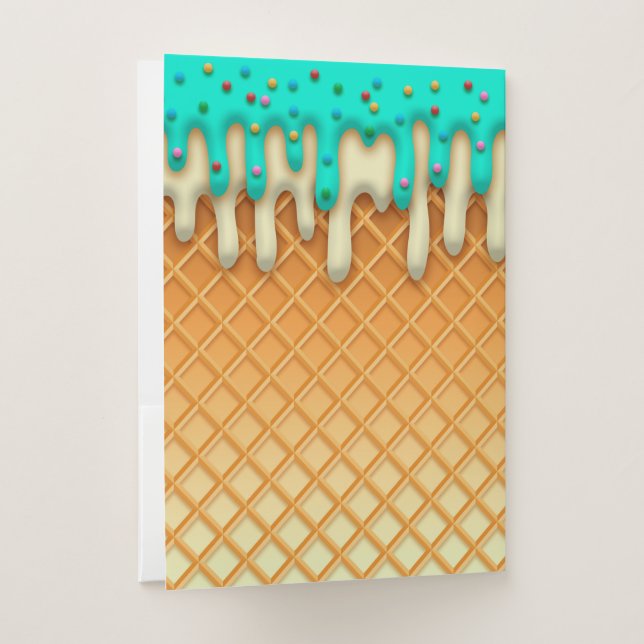 Ice Cream Drip Waffle Cone Mint With Sprinkles Pocket Folder (Back)