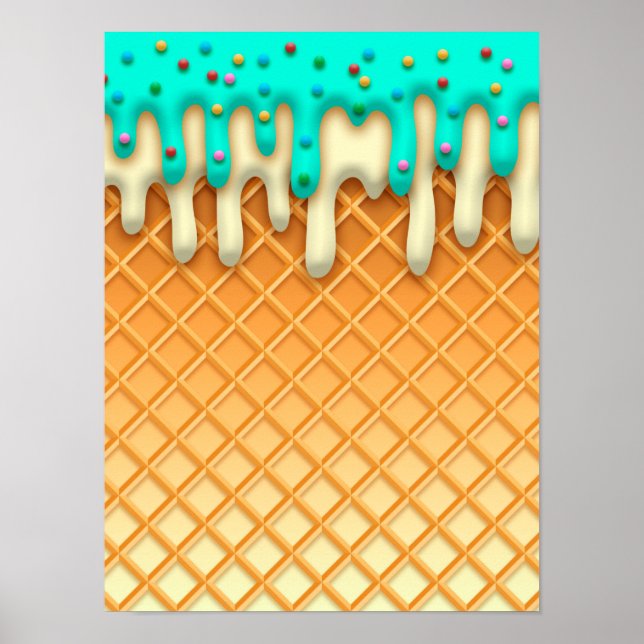Ice Cream Drip Waffle Cone Mint With Sprinkles Poster (Front)