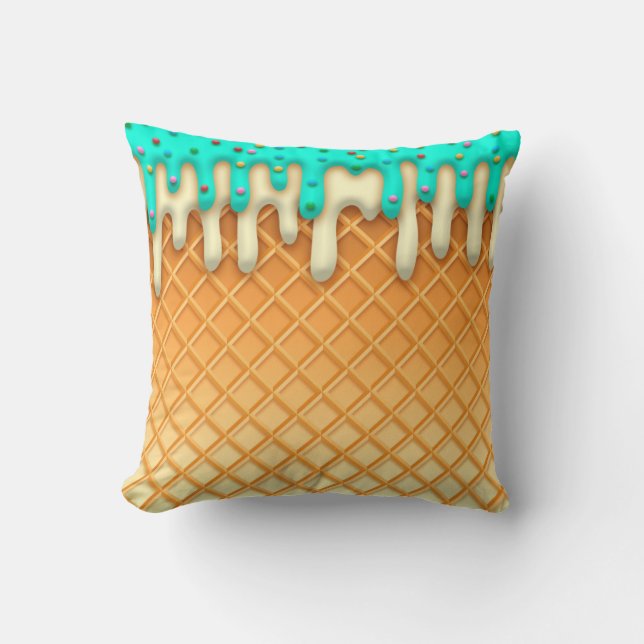 Ice Cream Drip Waffle Cone Mint With Sprinkles Throw Pillow (Front)
