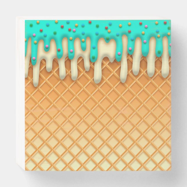 Ice Cream Drip Waffle Cone Mint With Sprinkles Wooden Box Sign (Front Horizontal)