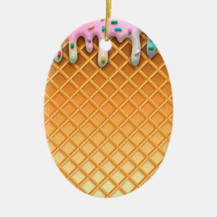 Ice Cream Drip Waffle Cone Pink With Sprinkles Ceramic Ornament