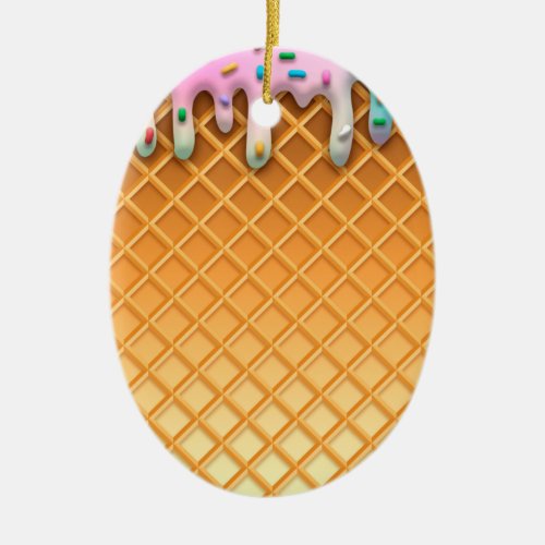 Ice Cream Drip Waffle Cone Pink With Sprinkles Ceramic Ornament
