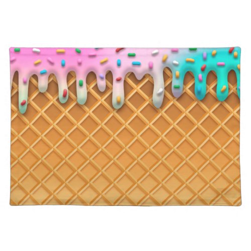 Ice Cream Drip Waffle Cone Pink With Sprinkles Cloth Placemat
