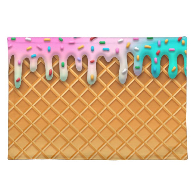 Ice Cream Drip Waffle Cone Pink With Sprinkles Cloth Placemat (Front)