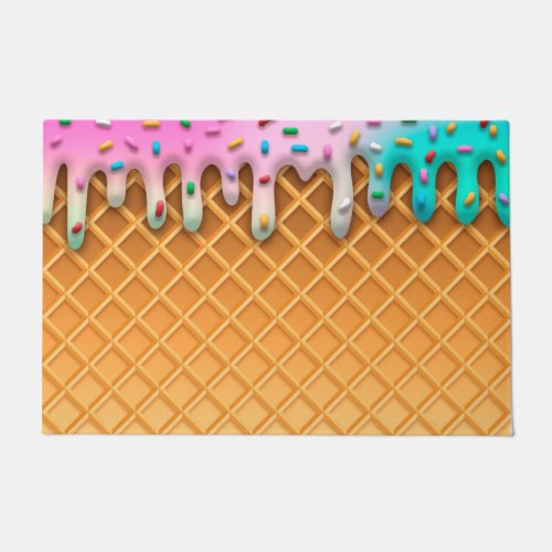 Ice Cream Drip Waffle Cone Pink With Sprinkles Doormat