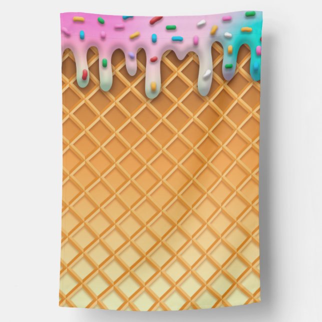 Ice Cream Drip Waffle Cone Pink With Sprinkles House Flag (Back)
