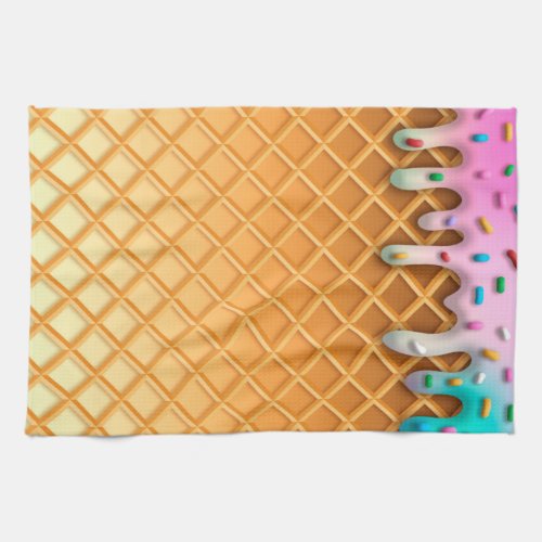 Ice Cream Drip Waffle Cone Pink With Sprinkles Kitchen Towel