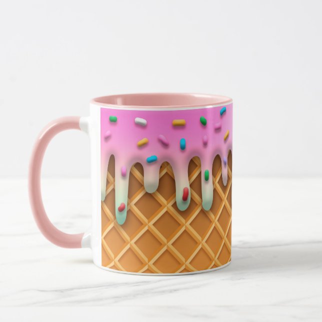 Ice Cream Drip Waffle Cone Pink With Sprinkles Mug (Left)