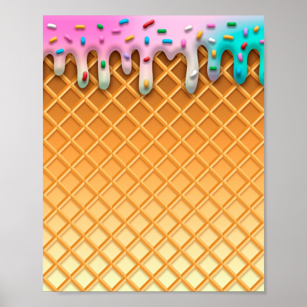 Ice Cream Drip Waffle Cone Pink With Sprinkles Poster Zazzle