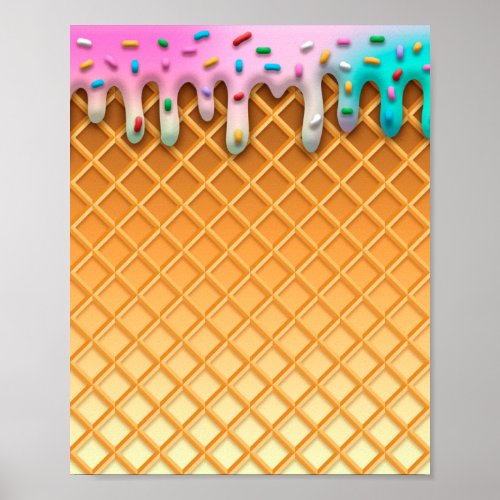 Ice Cream Drip Waffle Cone Pink With Sprinkles Poster