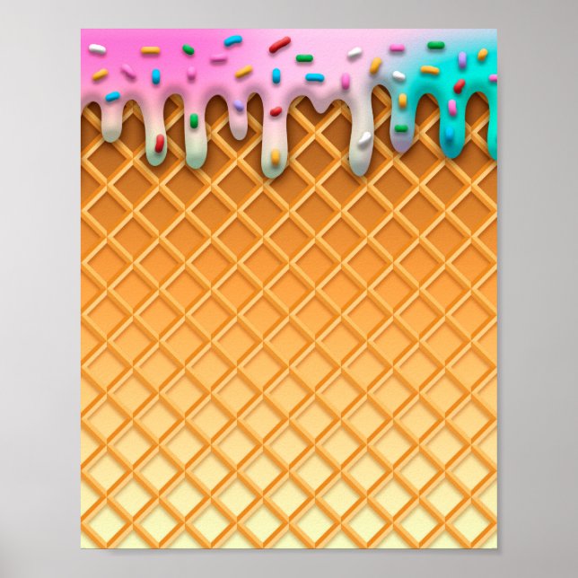 Ice Cream Drip Waffle Cone Pink With Sprinkles Poster (Front)