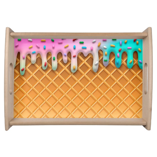 Ice Cream Drip Waffle Cone Pink With Sprinkles Serving Tray (Front)