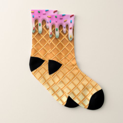 Ice Cream Drip Waffle Cone Pink With Sprinkles Socks