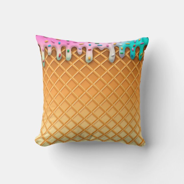 Ice Cream Drip Waffle Cone Pink With Sprinkles Throw Pillow (Front)