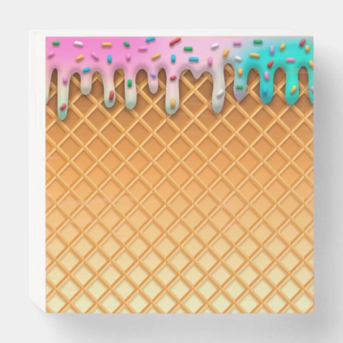 Ice Cream Drip Waffle Cone Pink With Sprinkles Wooden Box Sign