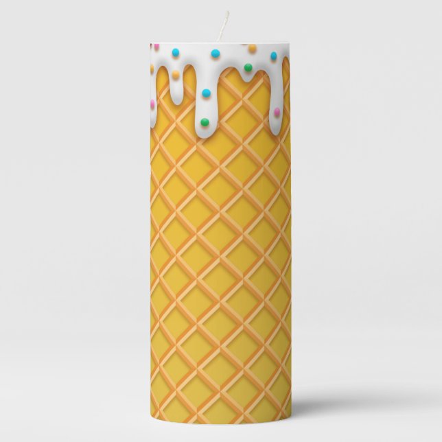 Ice Cream Drip Waffle Cone With Sprinkles Pillar Candle (Front)