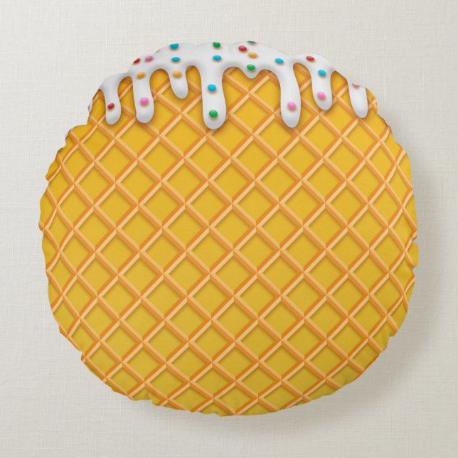 Ice Cream Drip Waffle Cone With Sprinkles Round Pillow (Front)